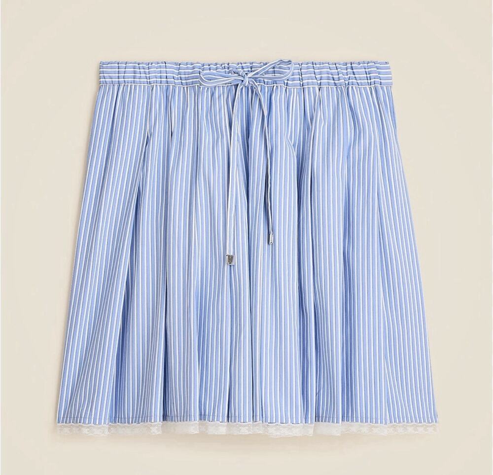 J.CREW Size L Pleated Tie-Waist Mini Skirt in Blue White Stripe $98 2025